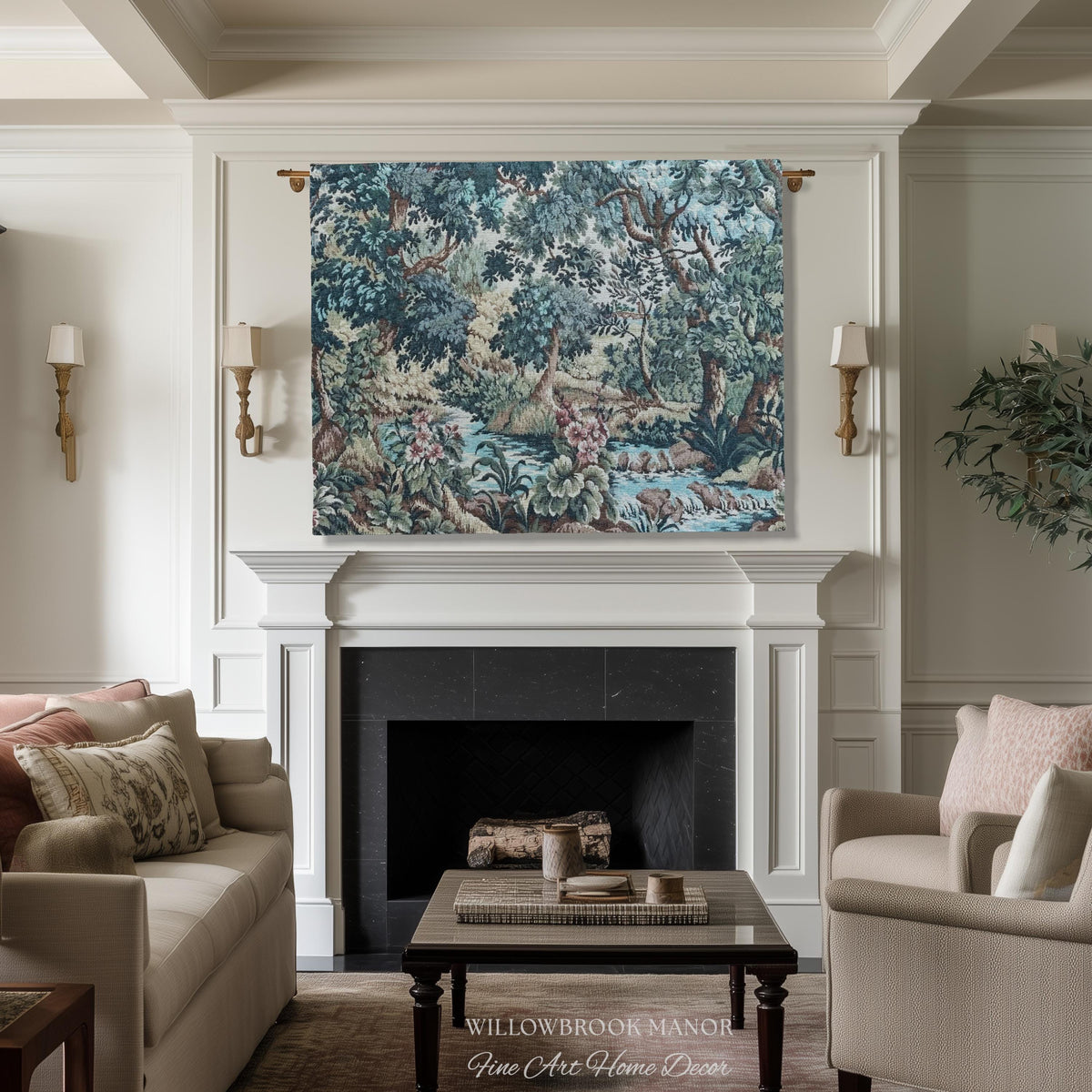 Teal Blue Babbling Brook Floral Verdure Tapestry | Historic Textile 18th Century Woven Artwork Baroque Forest River Throw Blanket Old World