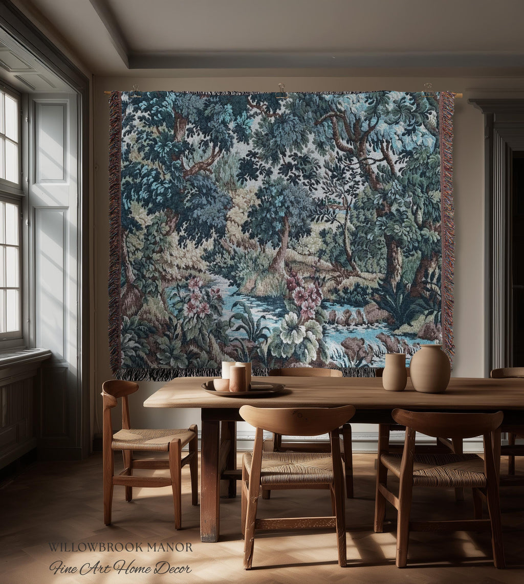 Teal Blue Babbling Brook Floral Verdure Tapestry | Historic Textile 18th Century Woven Artwork Baroque Forest River Throw Blanket Old World