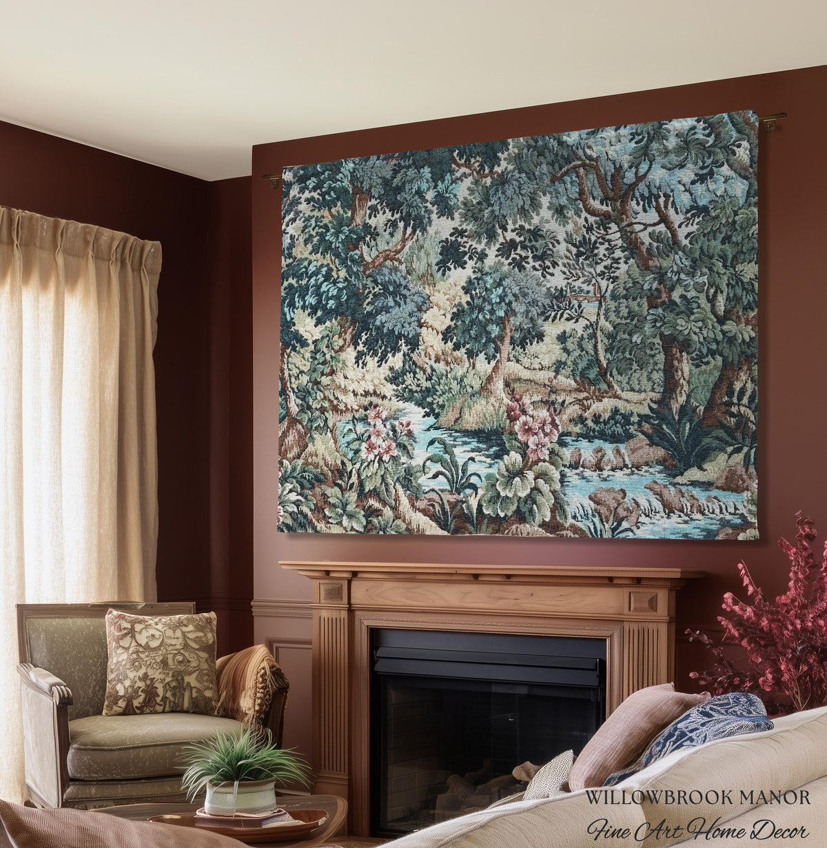 Teal Blue Babbling Brook Floral Verdure Tapestry | Historic Textile 18th Century Woven Artwork Baroque Forest River Throw Blanket Old World