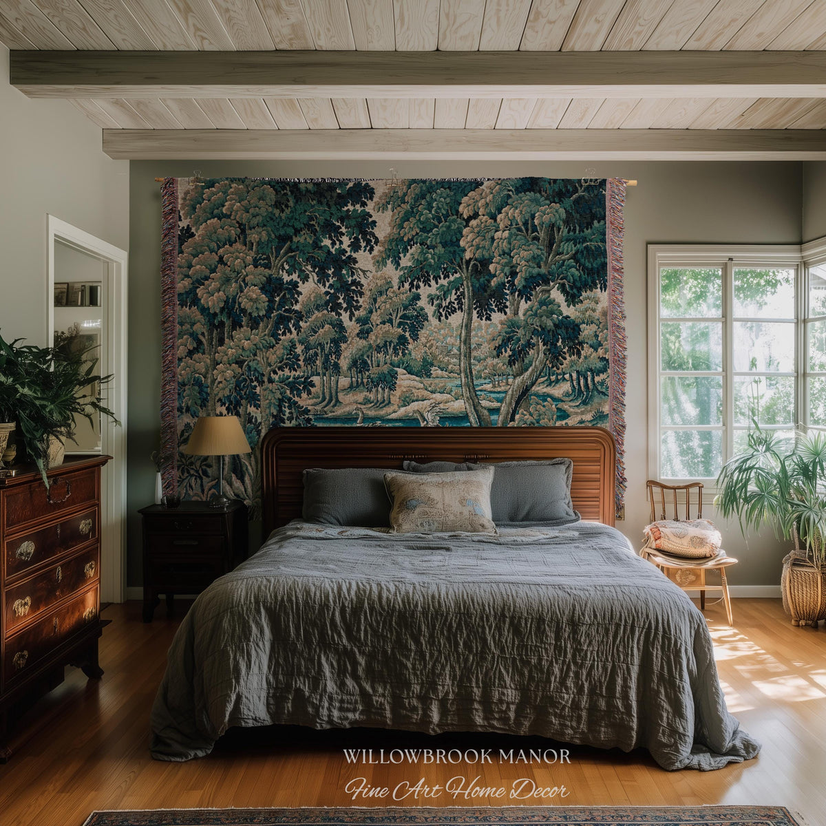 River Scene Duck Verdure Wall Tapestry, European Folk Art Rococo Greenery Romantic Nature Cool Toned Jacquard Woven French Cottagecore Decor