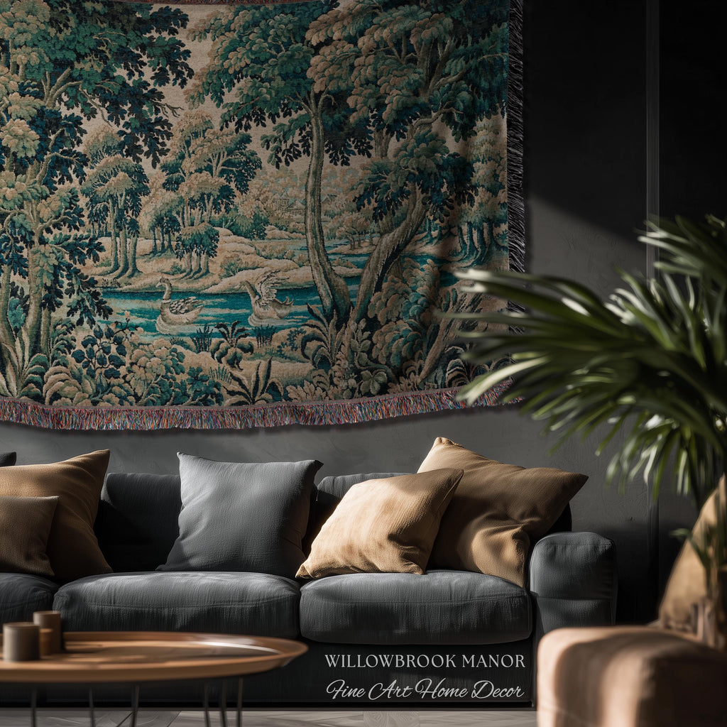 River Scene Duck Verdure Wall Tapestry, European Folk Art Rococo Greenery Romantic Nature Cool Toned Jacquard Woven French Cottagecore Decor