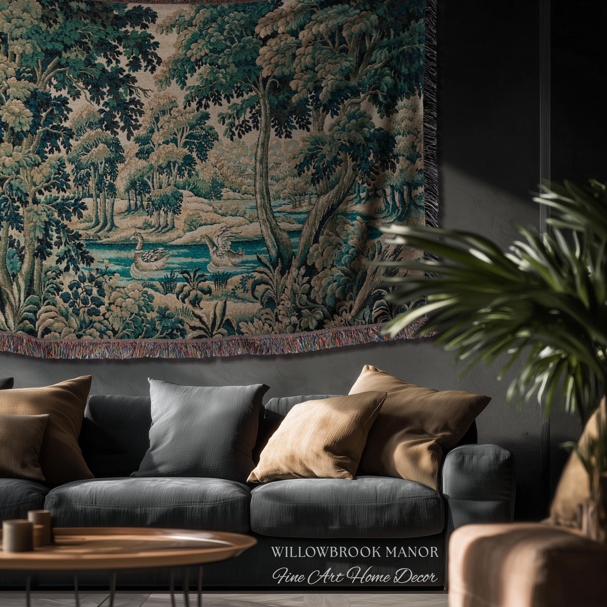 River Scene Duck Verdure Wall Tapestry, European Folk Art Rococo Greenery Romantic Nature Cool Toned Jacquard Woven French Cottagecore Decor