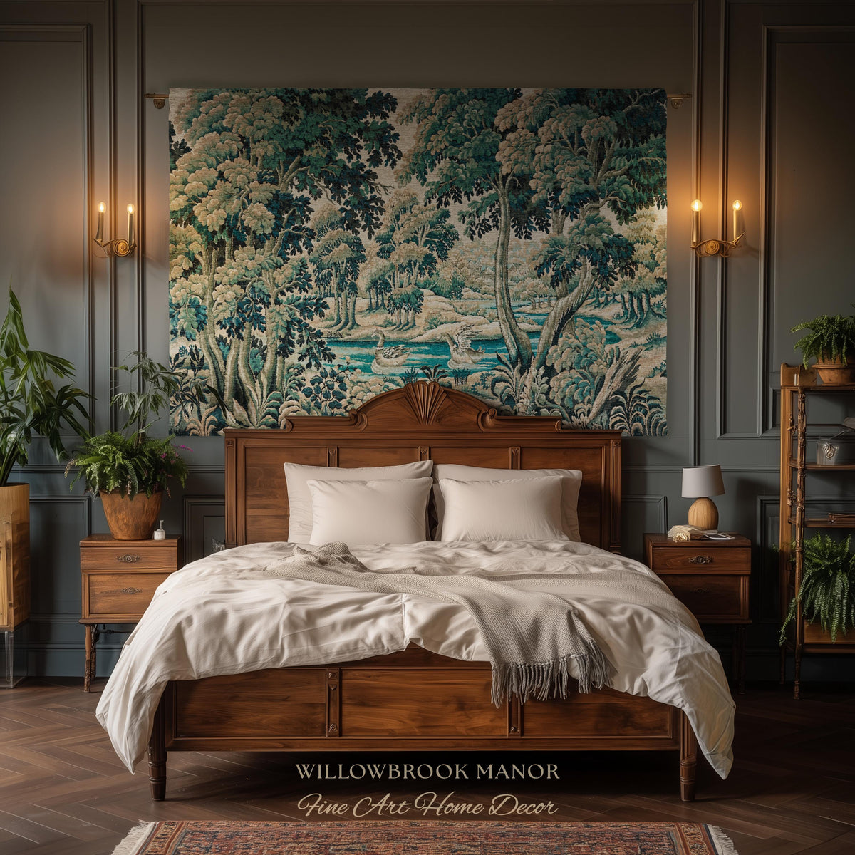 River Scene Duck Verdure Wall Tapestry, European Folk Art Rococo Greenery Romantic Nature Cool Toned Jacquard Woven French Cottagecore Decor