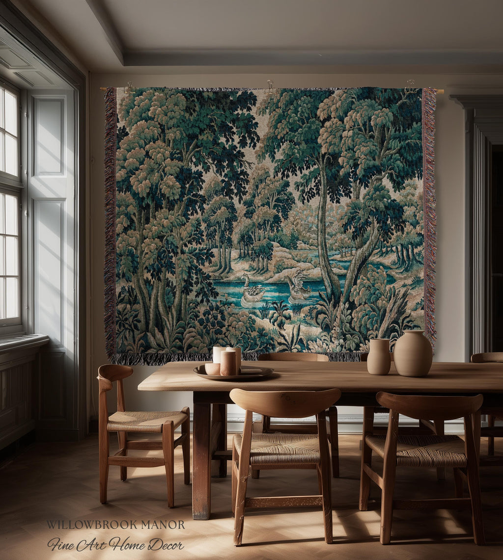 River Scene Duck Verdure Wall Tapestry, European Folk Art Rococo Greenery Romantic Nature Cool Toned Jacquard Woven French Cottagecore Decor