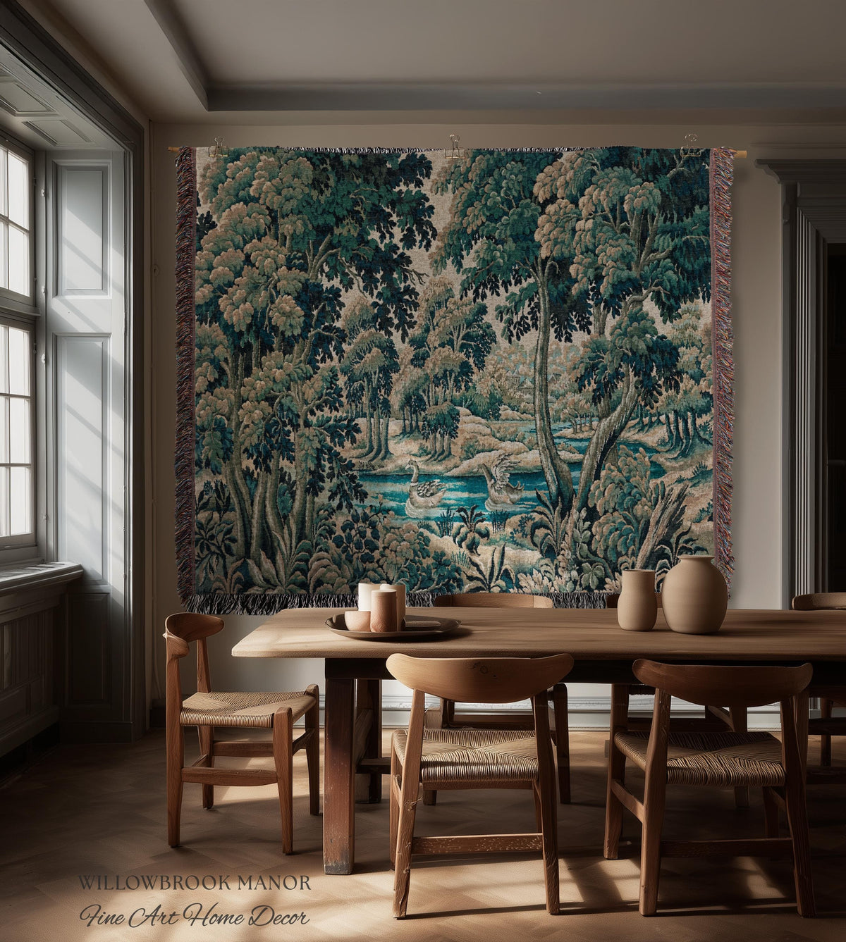 River Scene Duck Verdure Wall Tapestry, European Folk Art Rococo Greenery Romantic Nature Cool Toned Jacquard Woven French Cottagecore Decor