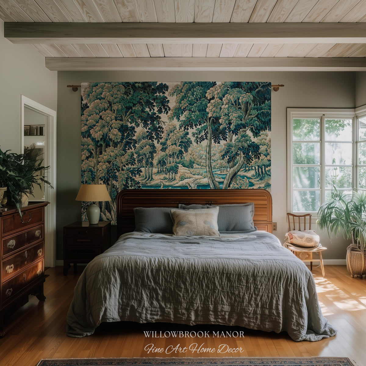 River Scene Duck Verdure Wall Tapestry, European Folk Art Rococo Greenery Romantic Nature Cool Toned Jacquard Woven French Cottagecore Decor