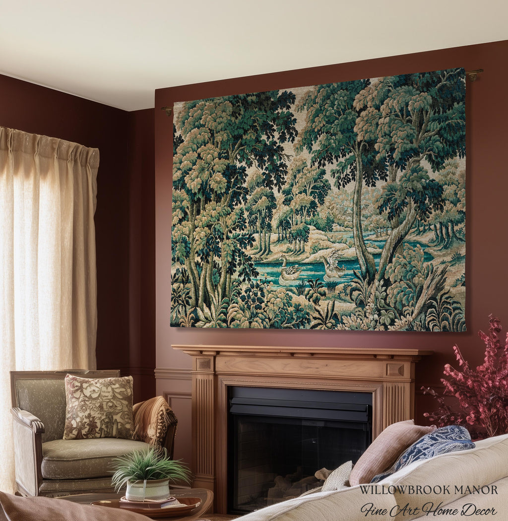 River Scene Duck Verdure Wall Tapestry, European Folk Art Rococo Greenery Romantic Nature Cool Toned Jacquard Woven French Cottagecore Decor