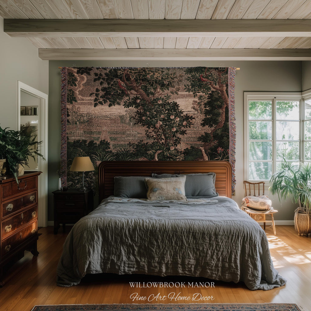 Garden Clearing Wildlife Garden Wall Textile, 17th Century Woven Tapestry Verdure Floral Folklore Throw Blanket French Aubusson Royal Estate