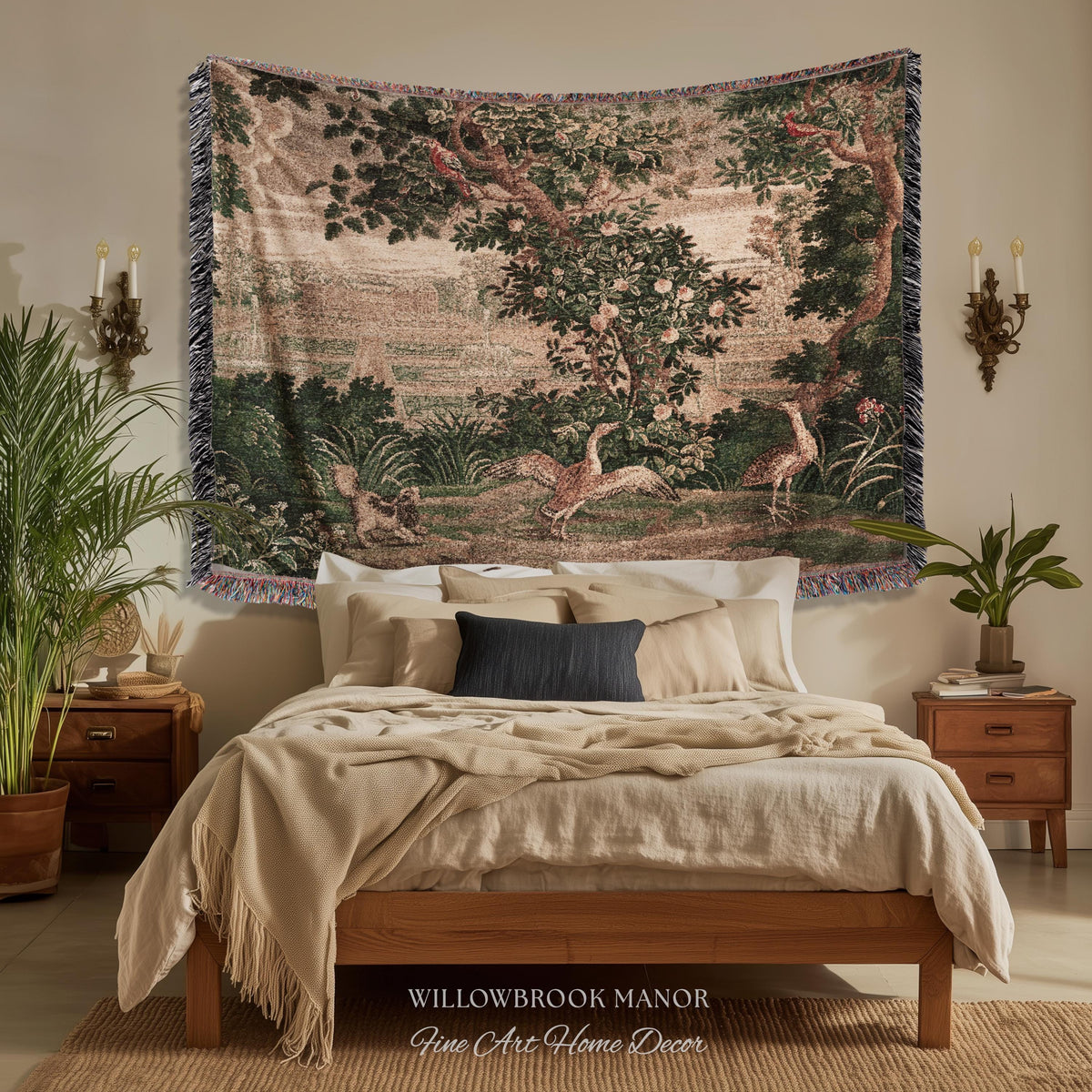 Garden Clearing Wildlife Garden Wall Textile, 17th Century Woven Tapestry Verdure Floral Folklore Throw Blanket French Aubusson Royal Estate