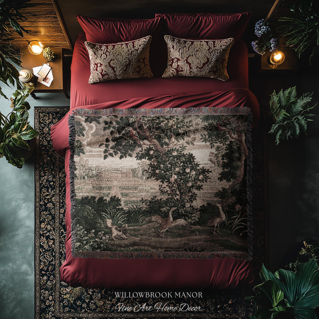 Garden Clearing Wildlife Garden Wall Textile, 17th Century Woven Tapestry Verdure Floral Folklore Throw Blanket French Aubusson Royal Estate