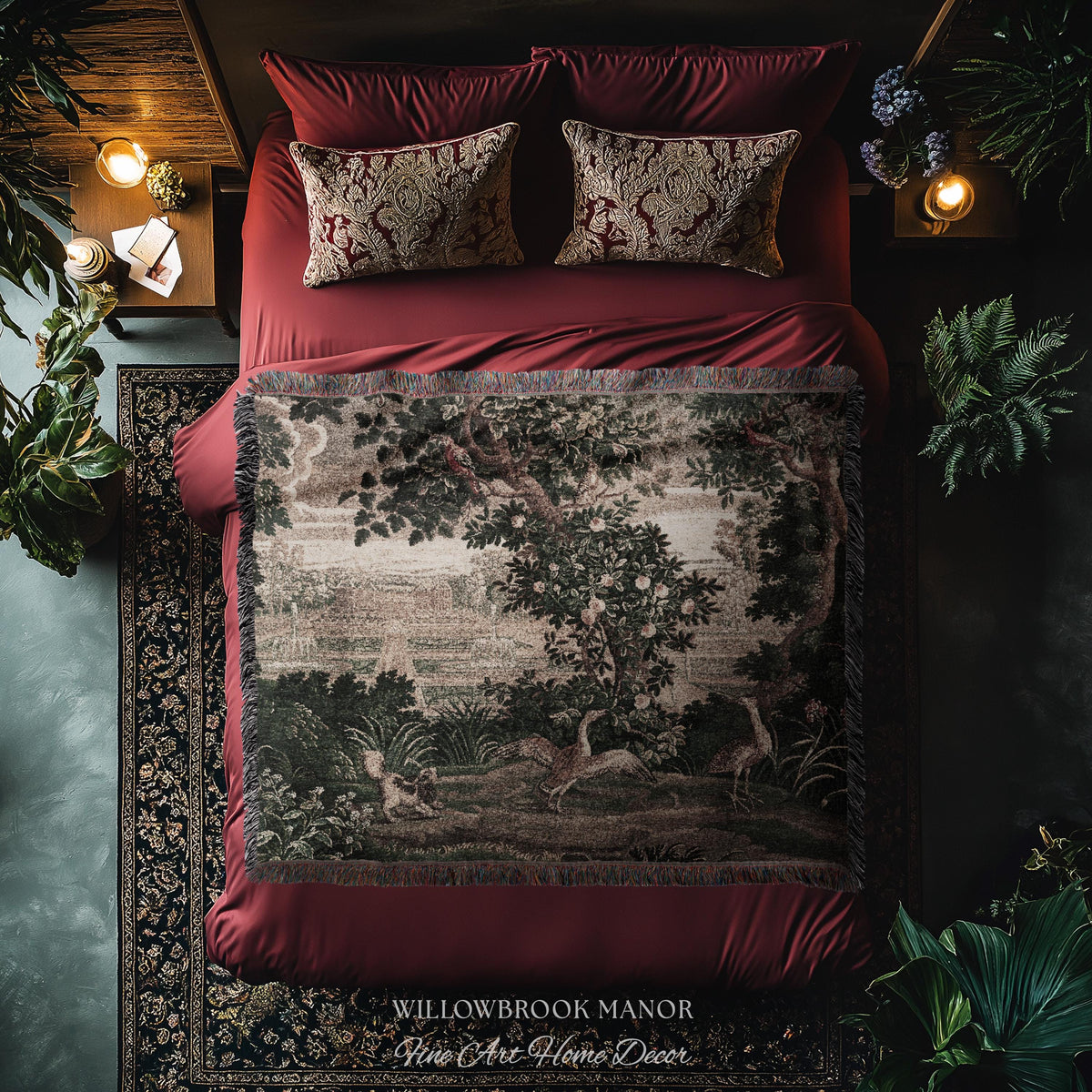 Garden Clearing Wildlife Garden Wall Textile, 17th Century Woven Tapestry Verdure Floral Folklore Throw Blanket French Aubusson Royal Estate