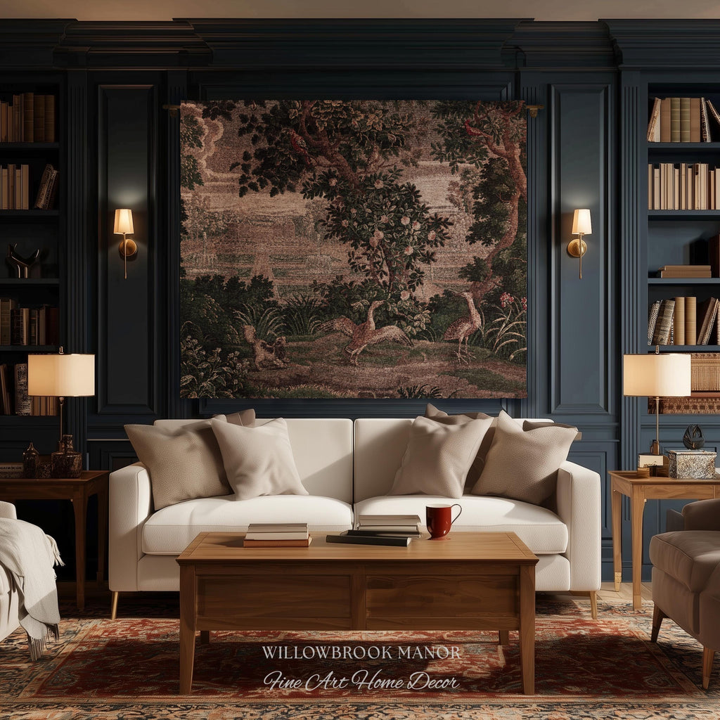 Garden Clearing Wildlife Garden Wall Textile, 17th Century Woven Tapestry Verdure Floral Folklore Throw Blanket French Aubusson Royal Estate
