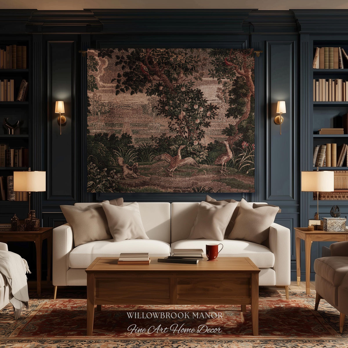 Garden Clearing Wildlife Garden Wall Textile, 17th Century Woven Tapestry Verdure Floral Folklore Throw Blanket French Aubusson Royal Estate