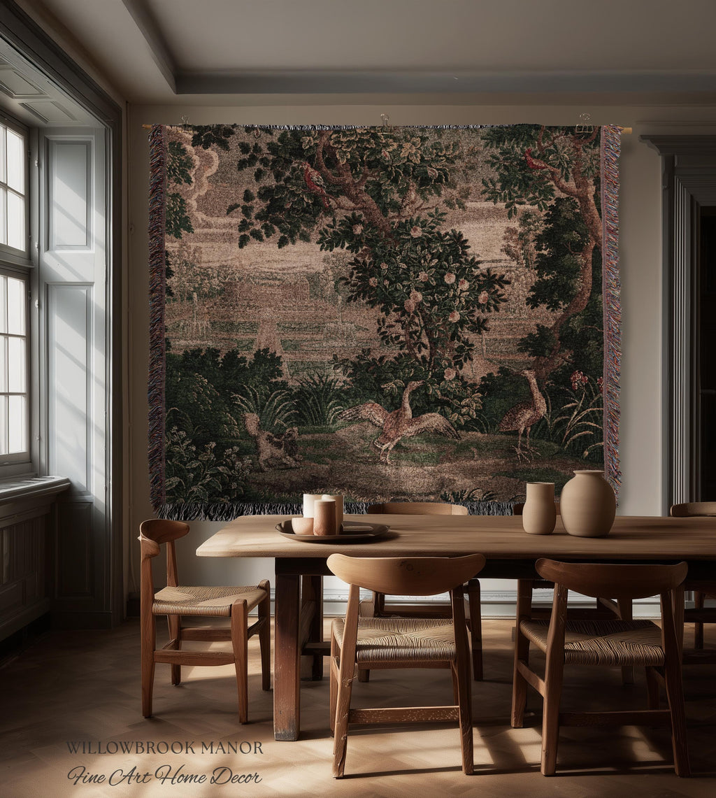 Garden Clearing Wildlife Garden Wall Textile, 17th Century Woven Tapestry Verdure Floral Folklore Throw Blanket French Aubusson Royal Estate