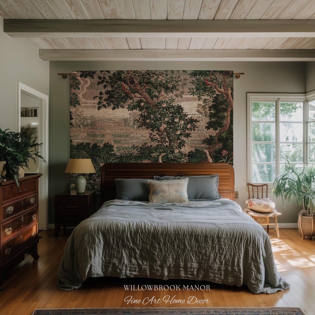 Garden Clearing Wildlife Garden Wall Textile, 17th Century Woven Tapestry Verdure Floral Folklore Throw Blanket French Aubusson Royal Estate