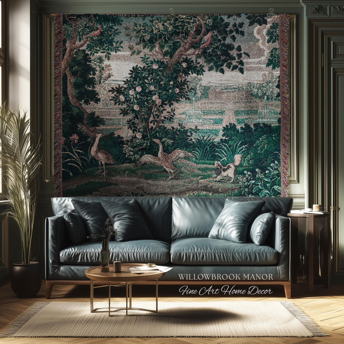 French Rococo Château Garden Verdure Tapestry Exotic Bird Spaniel Scene | 18th Century Historical Landscape Reproduction Woven Textile Decor