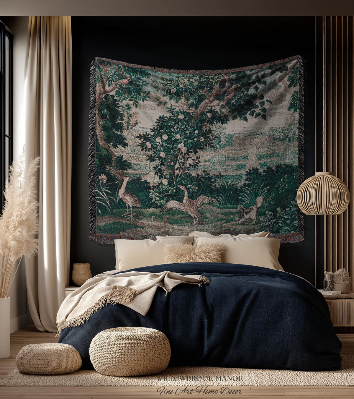 French Rococo Château Garden Verdure Tapestry Exotic Bird Spaniel Scene | 18th Century Historical Landscape Reproduction Woven Textile Decor
