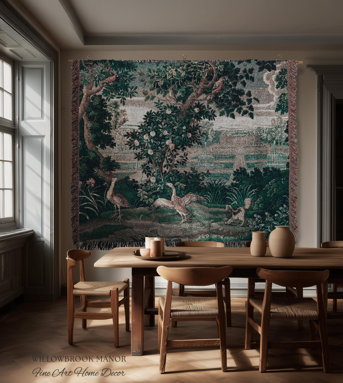 French Rococo Château Garden Verdure Tapestry Exotic Bird Spaniel Scene | 18th Century Historical Landscape Reproduction Woven Textile Decor