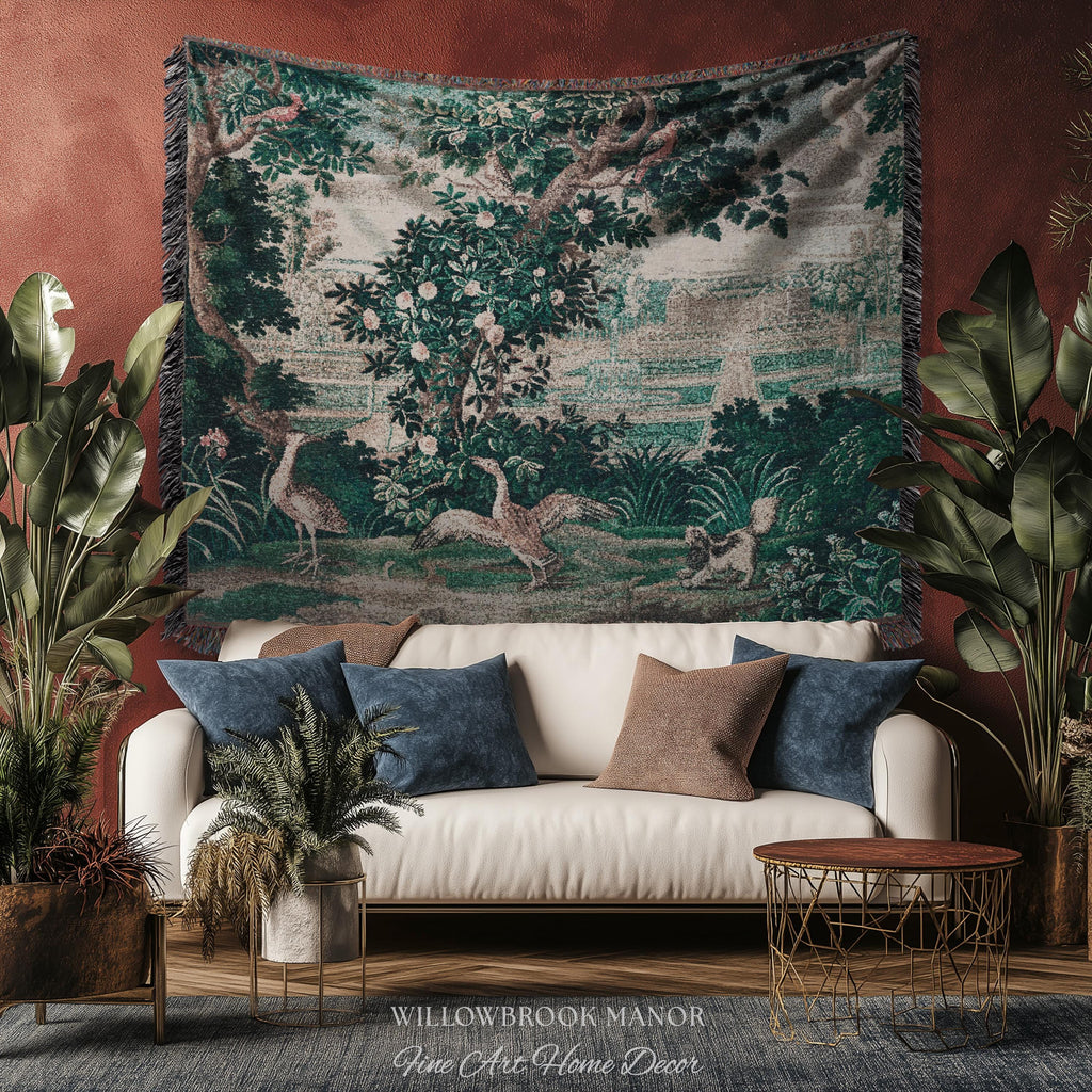 French Rococo Château Garden Verdure Tapestry Exotic Bird Spaniel Scene | 18th Century Historical Landscape Reproduction Woven Textile Decor