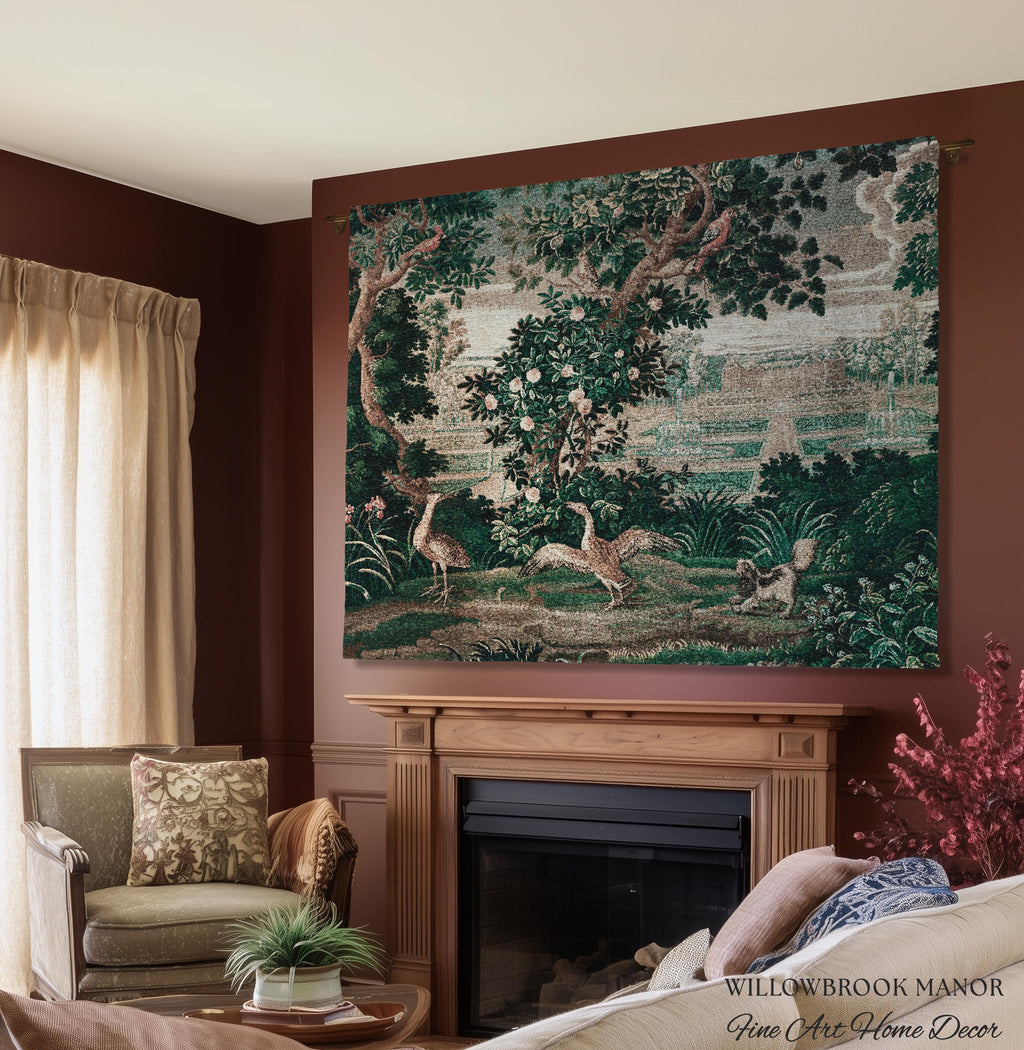 French Rococo Château Garden Verdure Tapestry Exotic Bird Spaniel Scene | 18th Century Historical Landscape Reproduction Woven Textile Decor