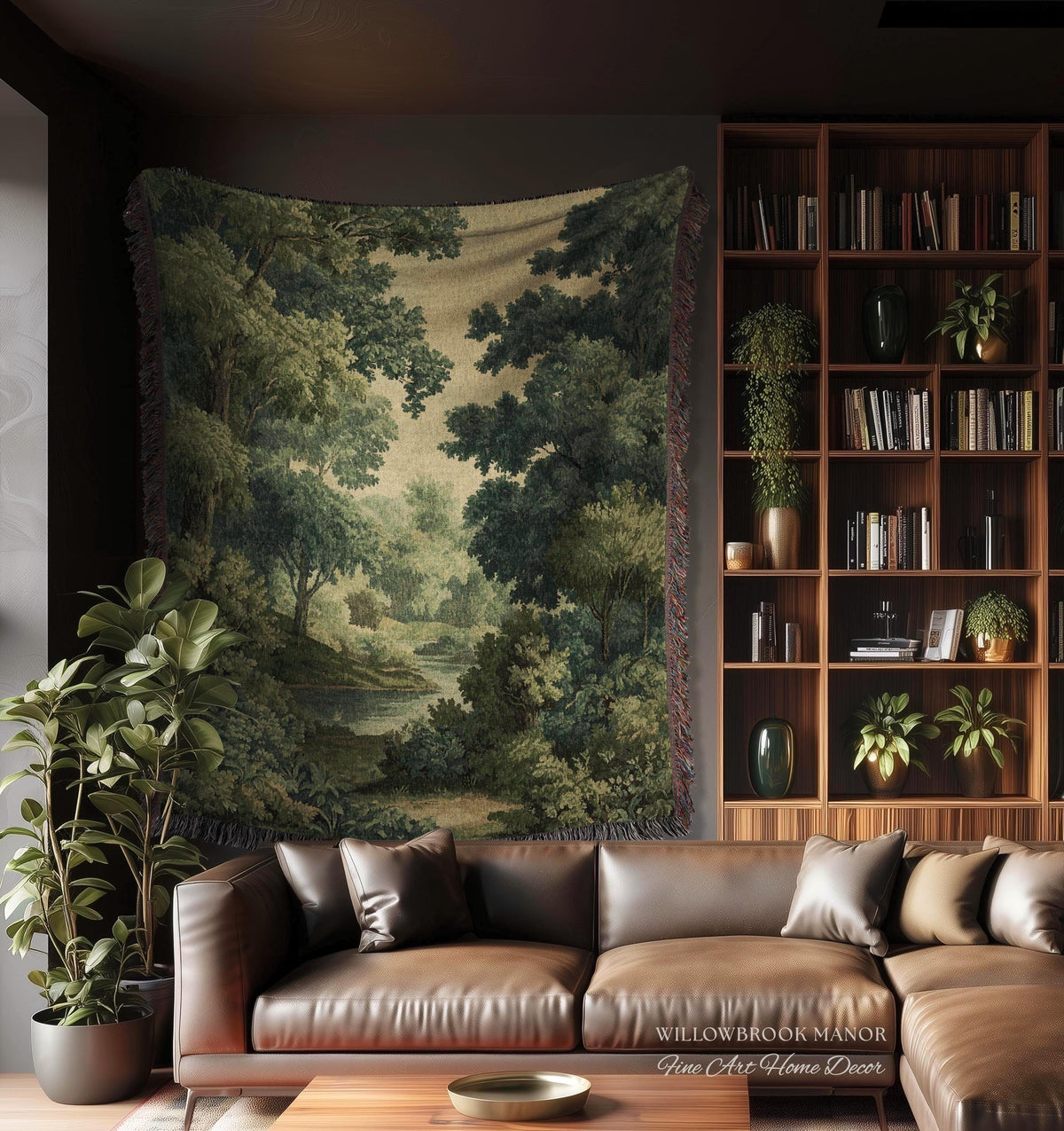 Verdant Woodland Forest Stream Woven Tapestry Decor Jacquard Wall Art, Heirloom Quality Classical Landscape Old World Charm River Scene View