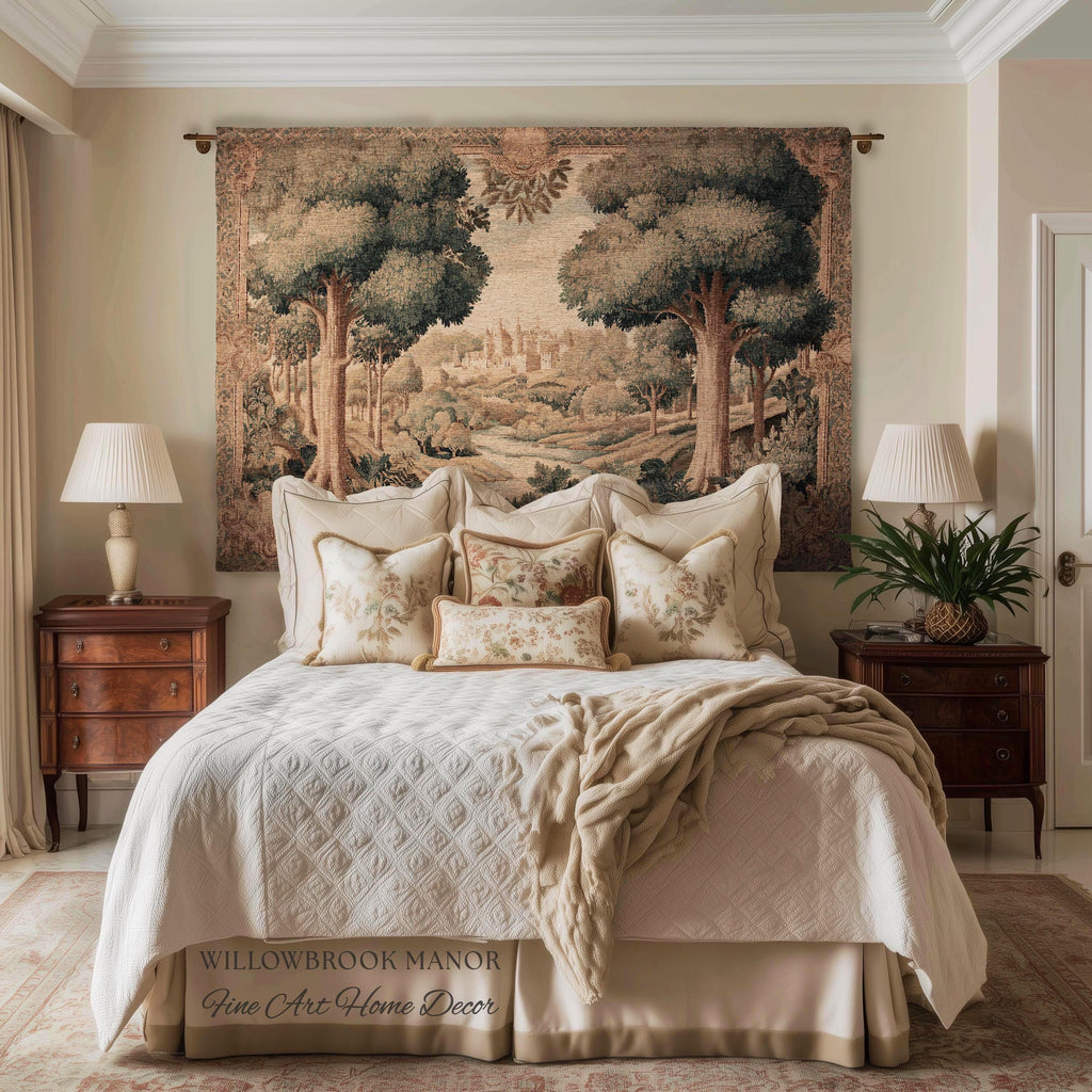 European Countryside Woven Tapestry French Verdure Art Scenic Wall Hanging | Romantic Classical Pastoral Scene Cozy Cotton Old World Decor
