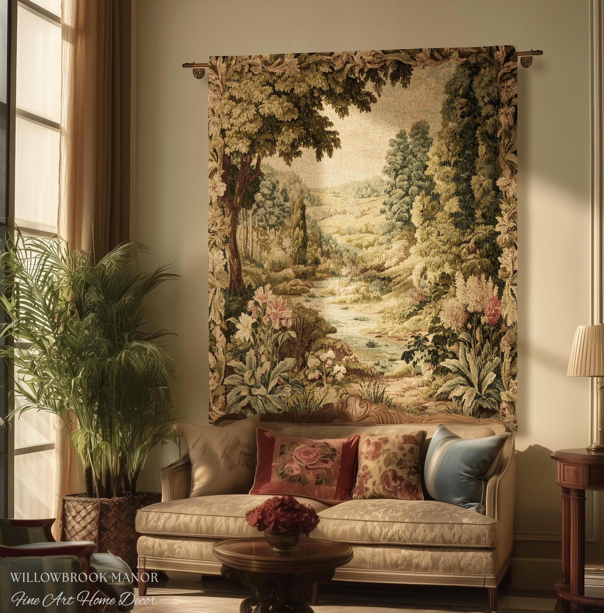 Floral Landscape French Verdure Aubusson Tapestry | Old World European Country Manor Art Mountain Meadow Riverbank Scene Woven Wall Decor
