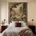 Floral Landscape French Verdure Aubusson Tapestry | Old World European Country Manor Art Mountain Meadow Riverbank Scene Woven Wall Decor