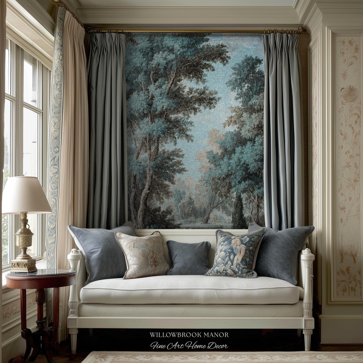 Lakeside Blue Verdure Classical Woven Tapestry Cool Tone Serene Nature Scene Art, Woodland Sky Meadow Landscape Jacquard Woven Throw Blanket