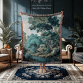 Hidden Grove Teal Blue Woven Tapestry | Romantic Waterside Landscape Serene Coastal Forest Throw Blanket Woodland Jacquard Tonalist Artwork