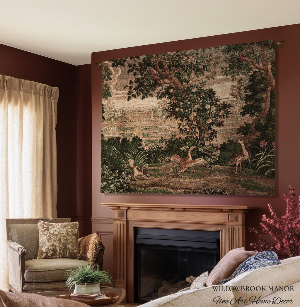Garden Clearing Wildlife Garden Wall Textile, 17th Century Woven Tapestry Verdure Floral Folklore Throw Blanket French Aubusson Royal Estate