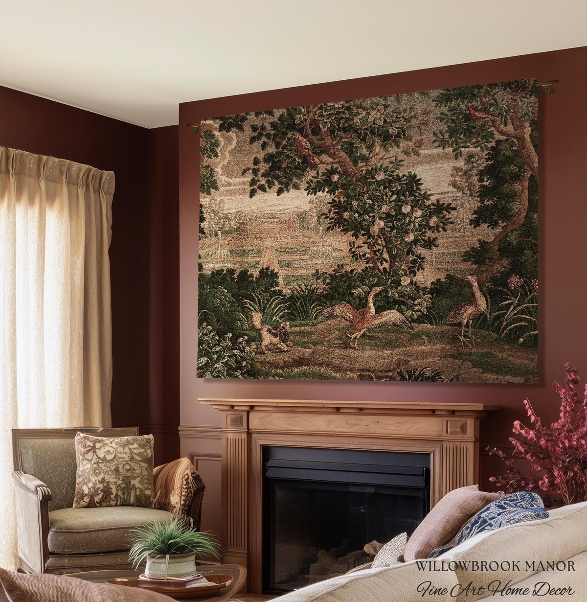 Garden Clearing Wildlife Garden Wall Textile, 17th Century Woven Tapestry Verdure Floral Folklore Throw Blanket French Aubusson Royal Estate