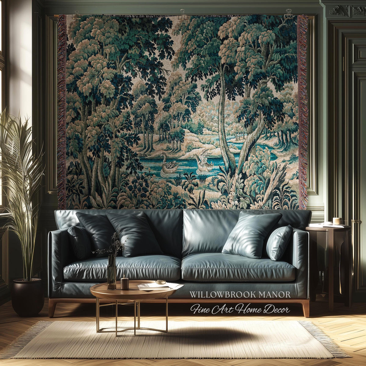 River Scene Duck Verdure Wall Tapestry, European Folk Art Rococo Greenery Romantic Nature Cool Toned Jacquard Woven French Cottagecore Decor