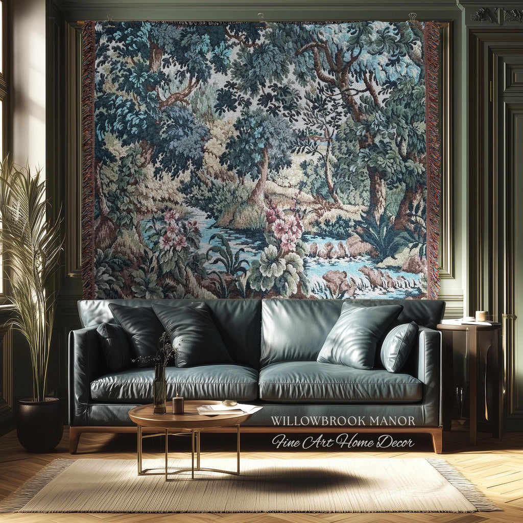 Teal Blue Babbling Brook Floral Verdure Tapestry | Historic Textile 18th Century Woven Artwork Baroque Forest River Throw Blanket Old World