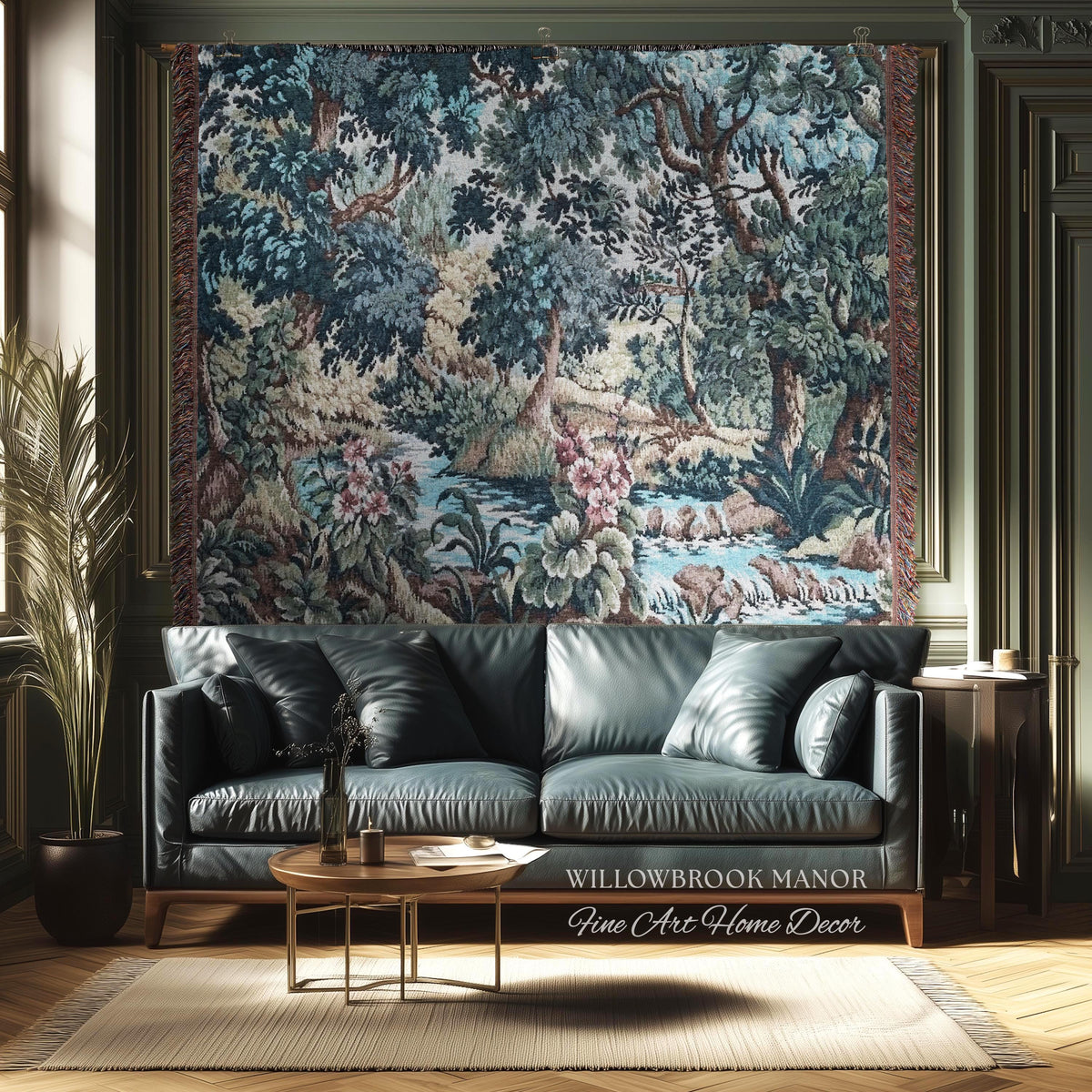 Teal Blue Babbling Brook Floral Verdure Tapestry | Historic Textile 18th Century Woven Artwork Baroque Forest River Throw Blanket Old World