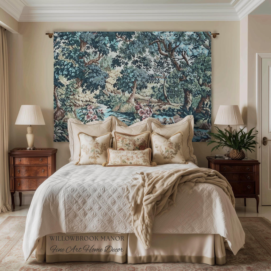 Teal Blue Babbling Brook Floral Verdure Tapestry | Historic Textile 18th Century Woven Artwork Baroque Forest River Throw Blanket Old World