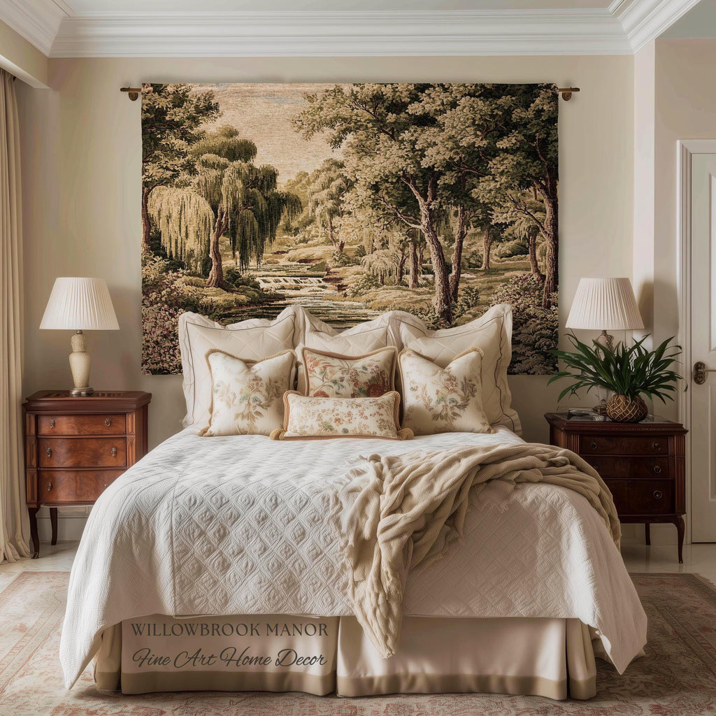 Tranquil Landscape Pastoral French Country Style Weeping Willow River Verdure Wall Decor | Serene Countryside European Tapestry Woven Throw