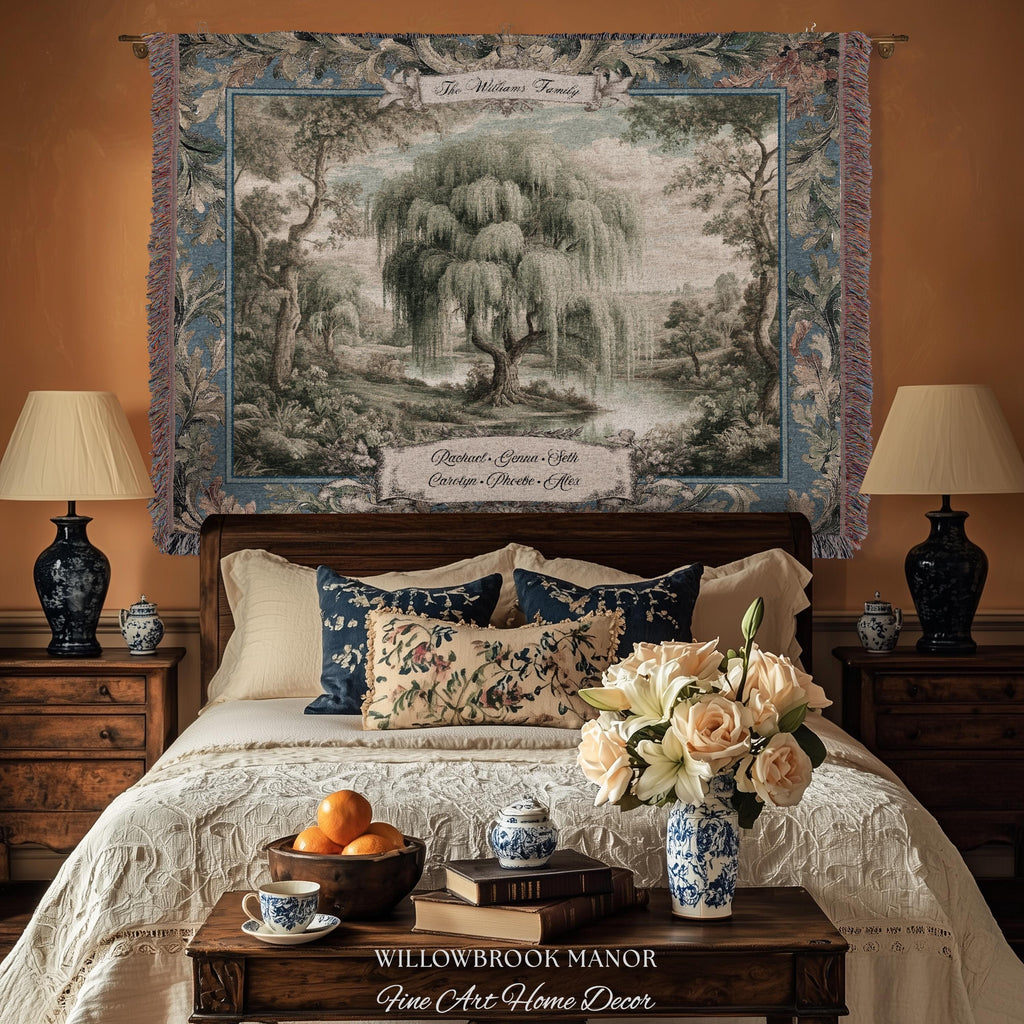 Pastoral Weeping Willow Custom Family Tree Woven Wall Art | Romantic Verdure Tapestry Personalized Names Timeless Nostalgia Heirloom Gift