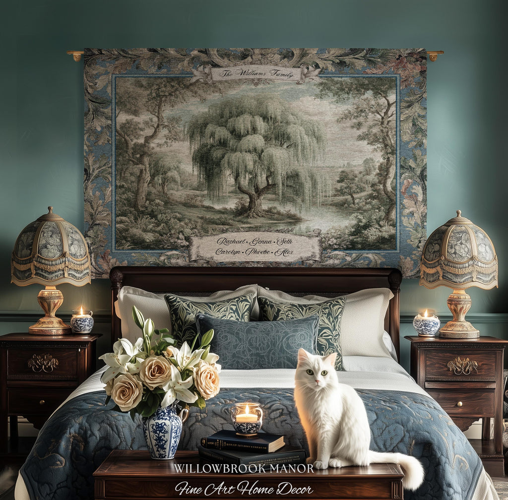 Pastoral Weeping Willow Custom Family Tree Woven Wall Art | Romantic Verdure Tapestry Personalized Names Timeless Nostalgia Heirloom Gift