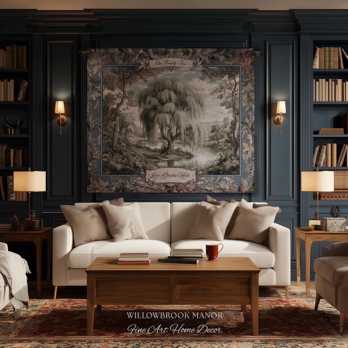 Pastoral Weeping Willow Custom Family Tree Woven Wall Art | Romantic Verdure Tapestry Personalized Names Timeless Nostalgia Heirloom Gift