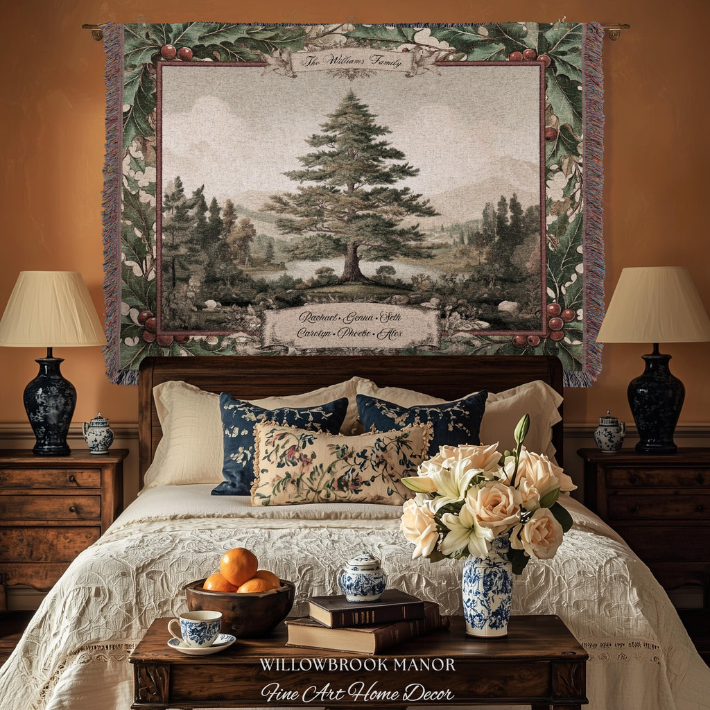 Classical Pine Tree Family Tapestry Personalized Names | Scenic Pastoral Woven Throw Blanket Holiday Heritage Custom Keepsake Wall Hanging