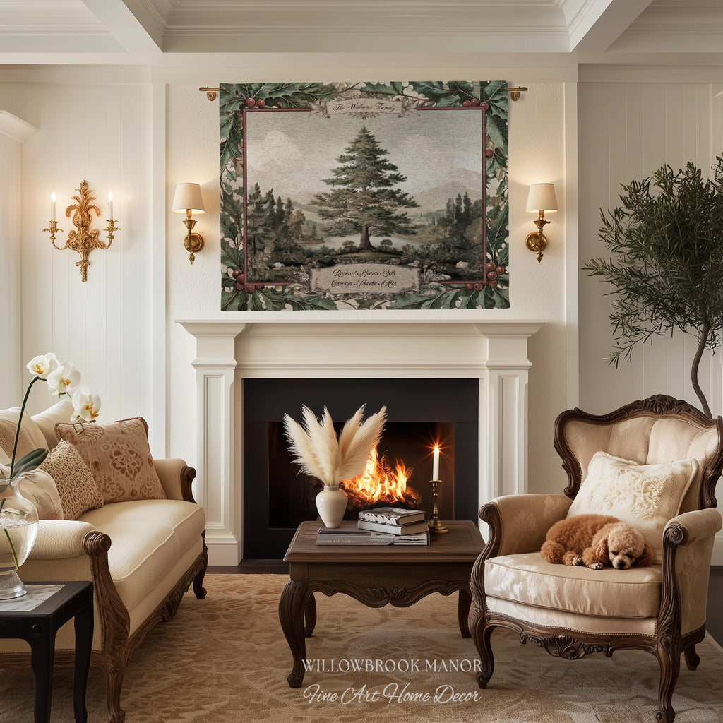 Classical Pine Tree Family Tapestry Personalized Names | Scenic Pastoral Woven Throw Blanket Holiday Heritage Custom Keepsake Wall Hanging
