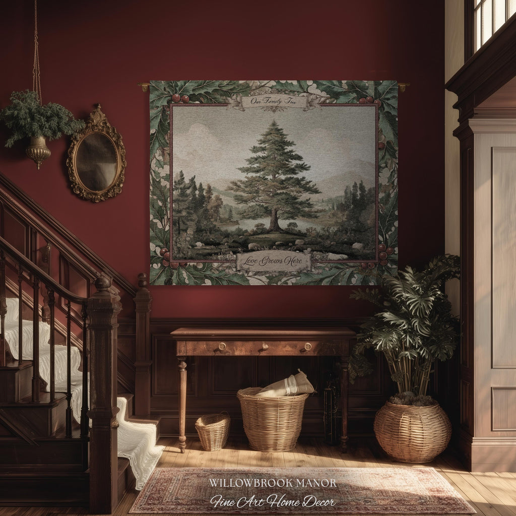 Classical Pine Tree Family Tapestry Personalized Names | Scenic Pastoral Woven Throw Blanket Holiday Heritage Custom Keepsake Wall Hanging