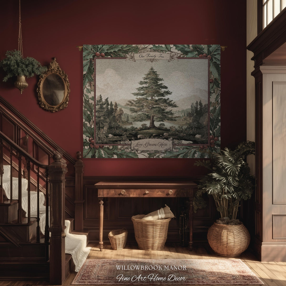 Classical Pine Tree Family Tapestry Personalized Names | Scenic Pastoral Woven Throw Blanket Holiday Heritage Custom Keepsake Wall Hanging