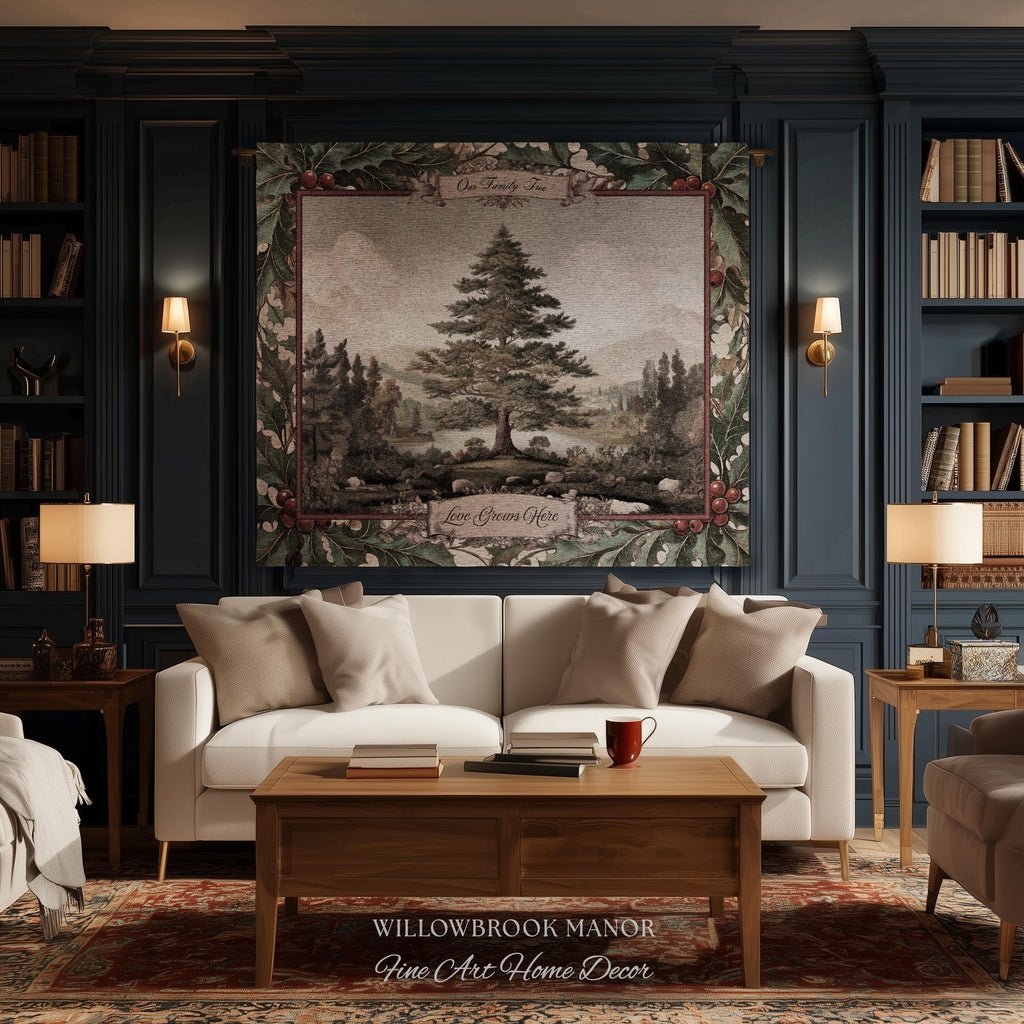 Classical Pine Tree Family Tapestry Personalized Names | Scenic Pastoral Woven Throw Blanket Holiday Heritage Custom Keepsake Wall Hanging