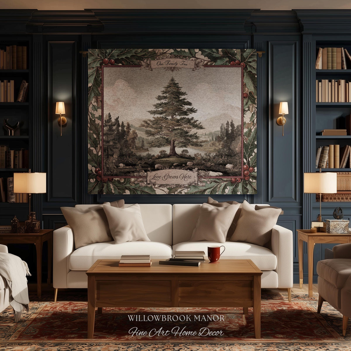 Classical Pine Tree Family Tapestry Personalized Names | Scenic Pastoral Woven Throw Blanket Holiday Heritage Custom Keepsake Wall Hanging