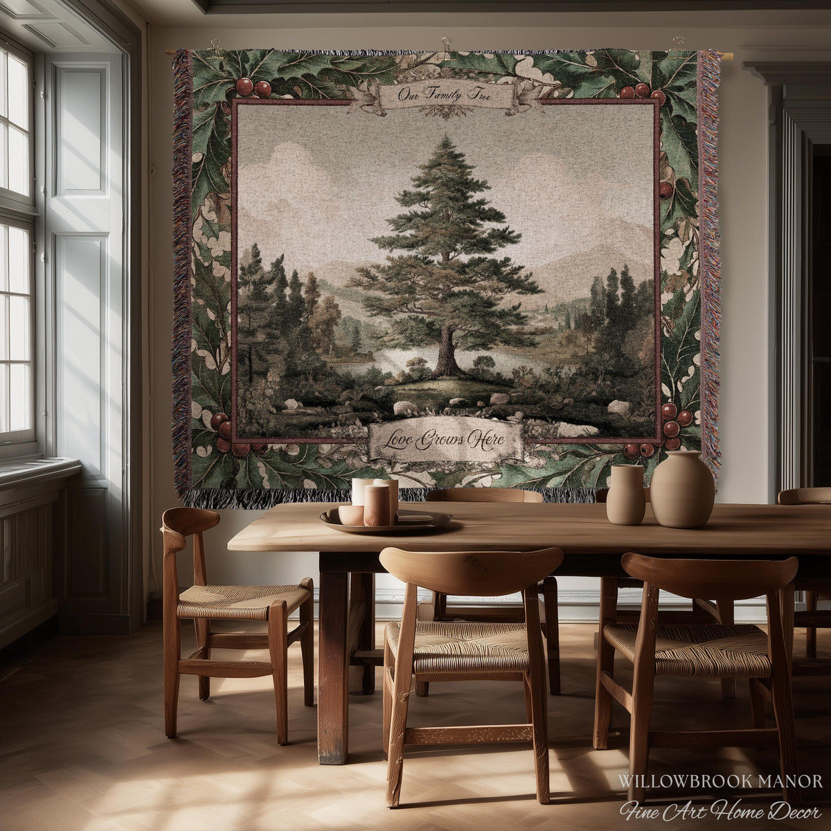 Classical Pine Tree Family Tapestry Personalized Names | Scenic Pastoral Woven Throw Blanket Holiday Heritage Custom Keepsake Wall Hanging
