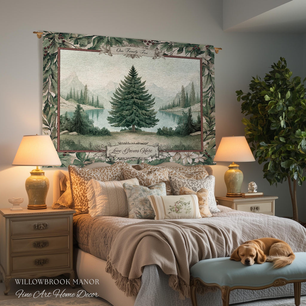 Winter Wonderland Spruce Family Tree Tapestry Personalized Name | Nostalgic Holiday Woven Throw Blanket Custom Festive Keepsake Wall Hanging