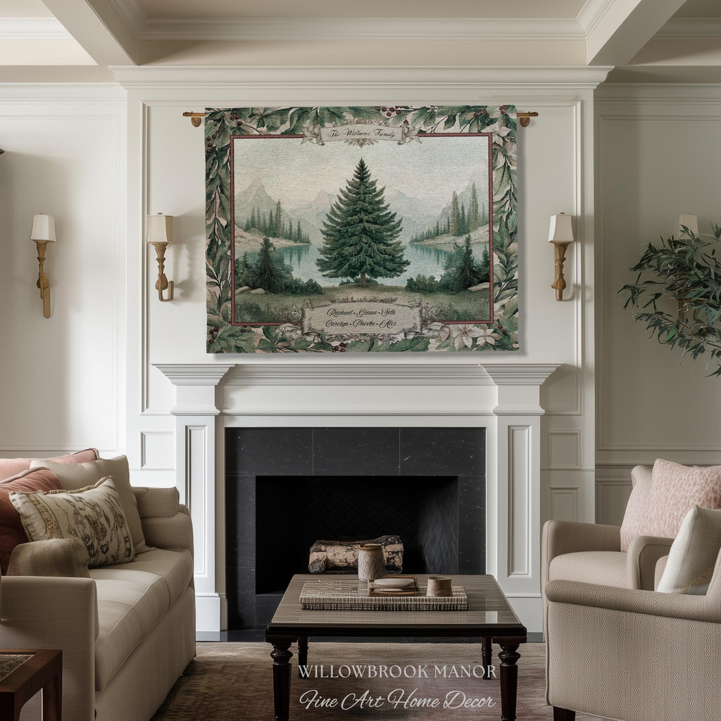 Winter Wonderland Spruce Family Tree Tapestry Personalized Name | Nostalgic Holiday Woven Throw Blanket Custom Festive Keepsake Wall Hanging