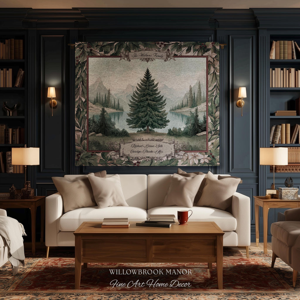 Winter Wonderland Spruce Family Tree Tapestry Personalized Name | Nostalgic Holiday Woven Throw Blanket Custom Festive Keepsake Wall Hanging